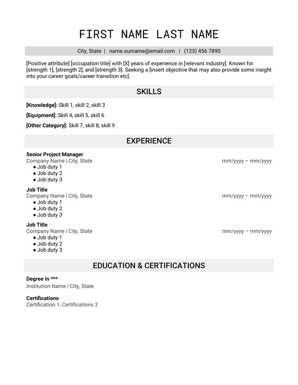 Preview of the Advanced Labor resume template.