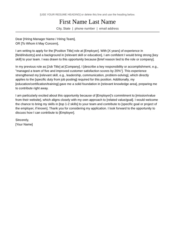 Preview of the basic cover letter template.